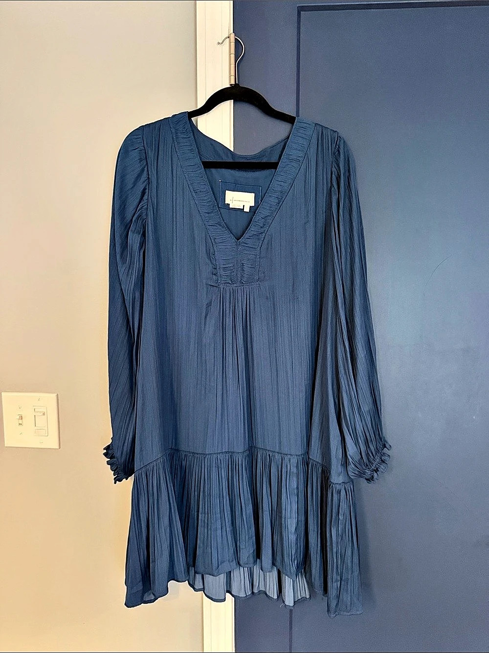 Anthropologie Pleated Mini Dress in Blue Size Large Like New